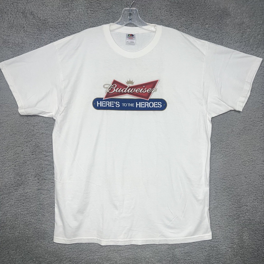 VTG Budweiser Heres To Heroes T Shirt Men XL White Support Our Troops 2-Side Tee